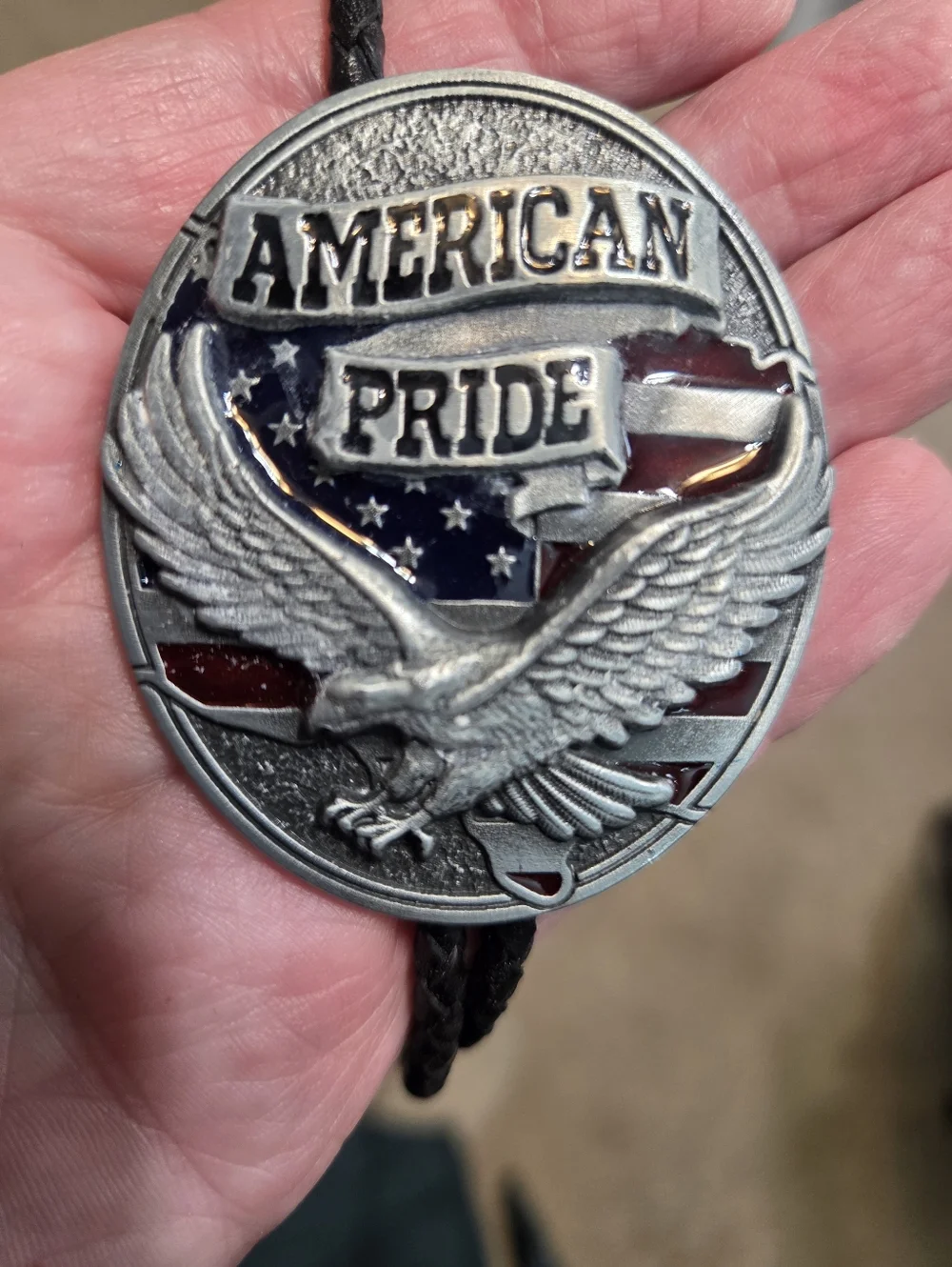 patriotic American Pride Silver Eagle Bolo Tie Black leather Cord 40in mens